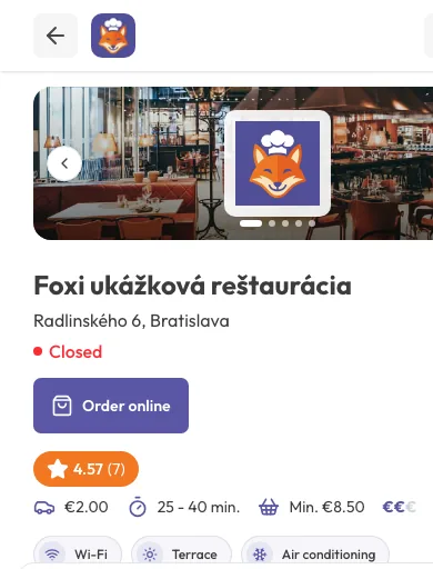 Zobrazenie rovnakého webu reštaurácie na mobile s tlačidlom Objednať online